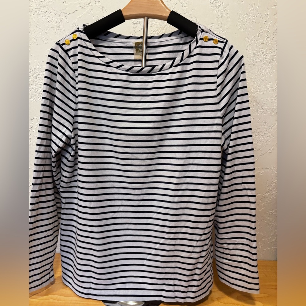 Anne Klein XL Navy White Striped‎ Top Gold Button Shoulder Nautical
